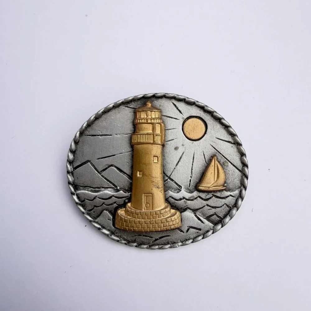 JJ Jonette‎ VTG Lighthouse Sailboat Brooch Two Tone Nautical Ocean Sailing Oval